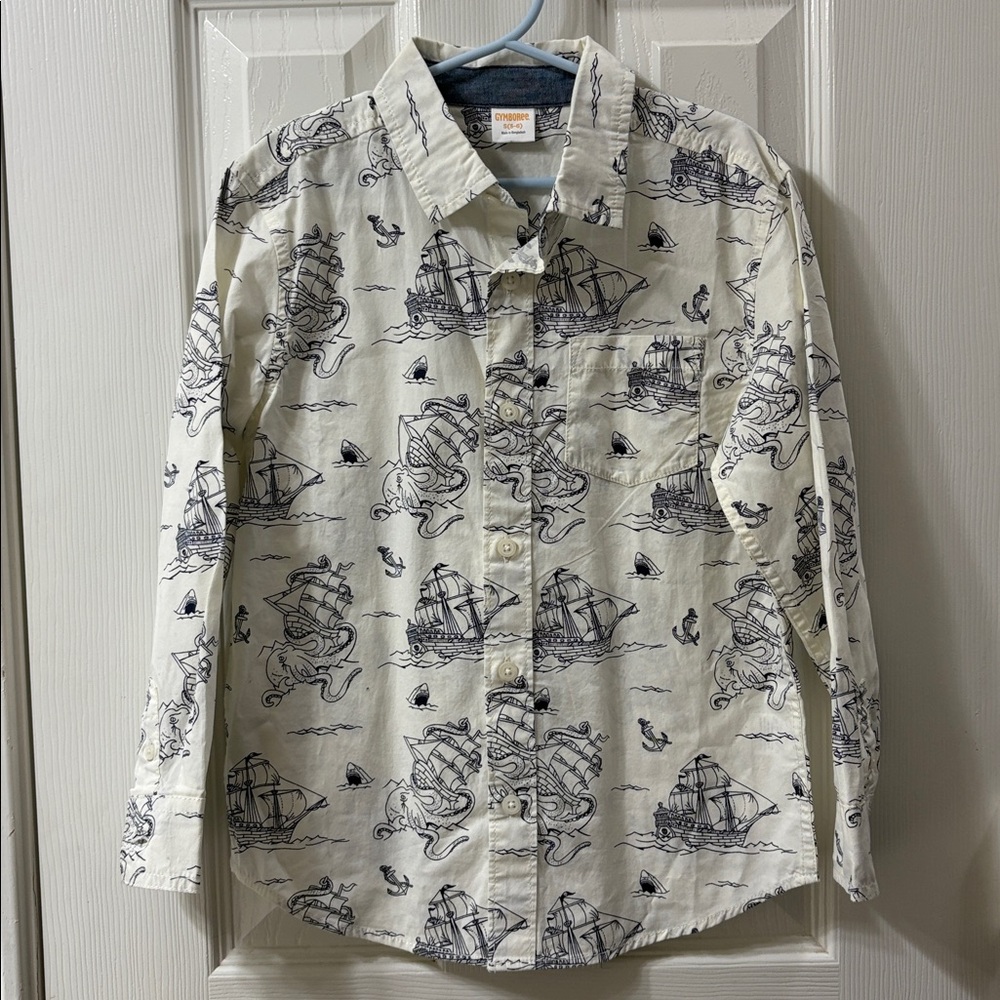 Boys Gymboree white and black Ship Print button-down
